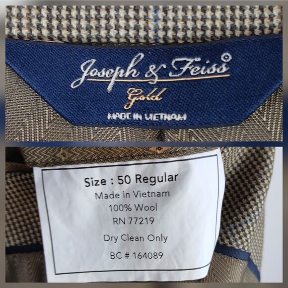 Joseph & Feiss Gold SZ 50R 100% Wool Multi-Color Houndstooth Blazer Suit Jacket - Picture 8 of 9